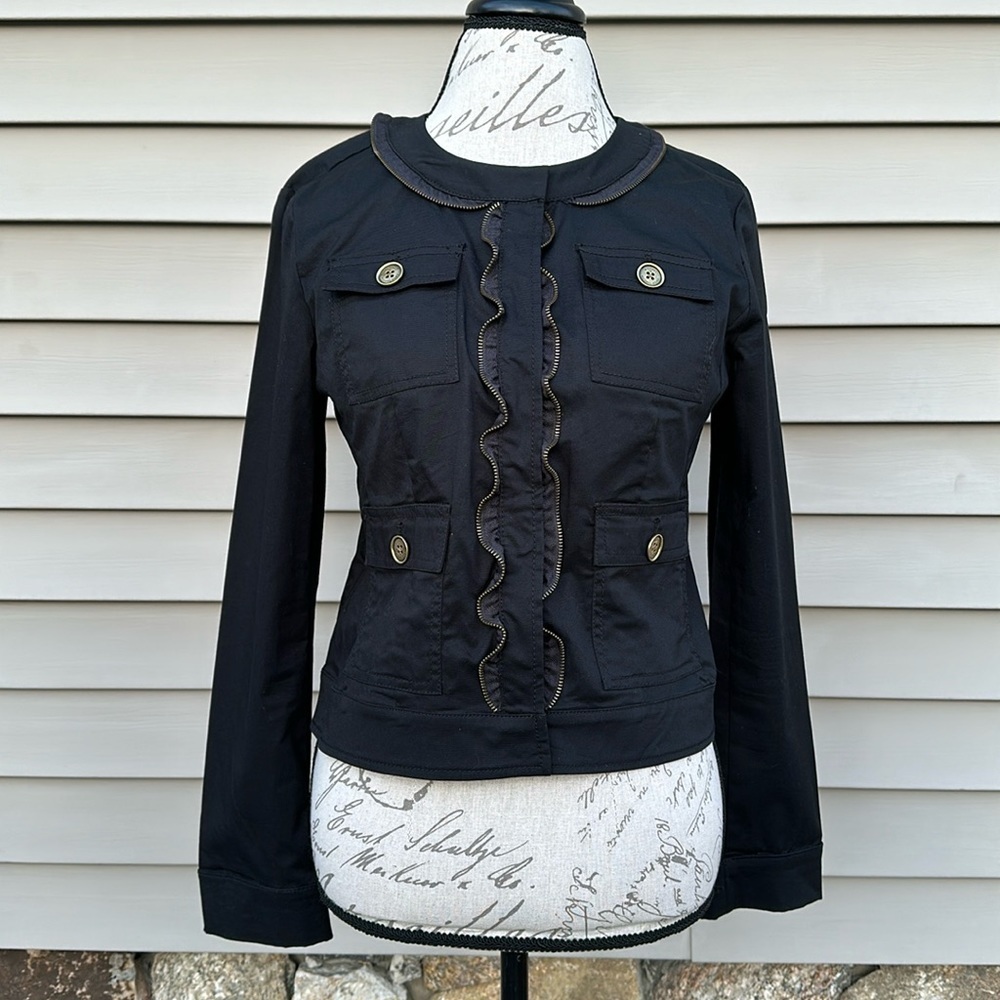MICHAEL MICHAEL KORS Black Cotton Snap Front Ruffled Zipper Jacket